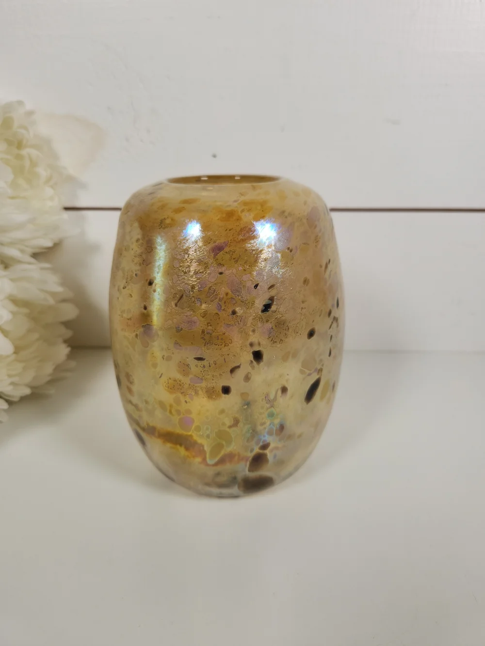 Vintage Hand Blown Iridescent Art Glass Vase, Signed | Confetti Glass Vessel